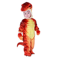 Child wearing a dinosaur costume on a white background