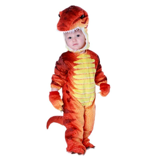 Child wearing a dinosaur costume on a white background