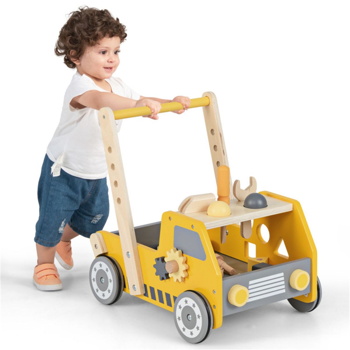 BuildNGo™ 2-in-1 Wooden Push Walker & Tool Bench – Shape Sorter, Rotating Gears & Storage for Kids 3+