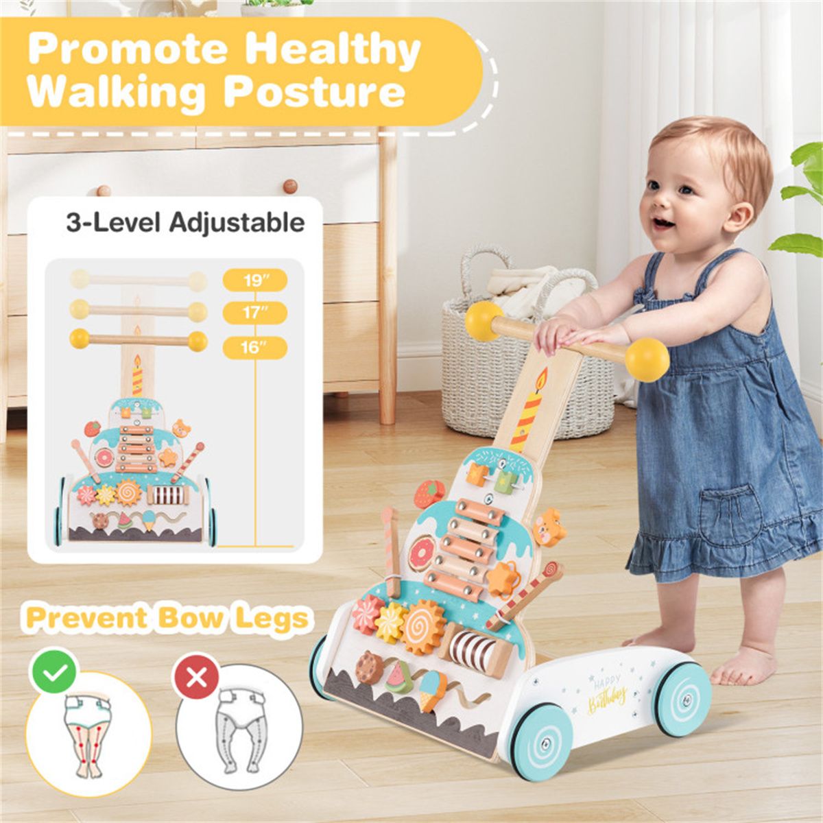 StepByStep™ Wooden Push Walker Activity Center – Montessori Xylophone, Maze & Gears, Height Adjustable, Ages 1+