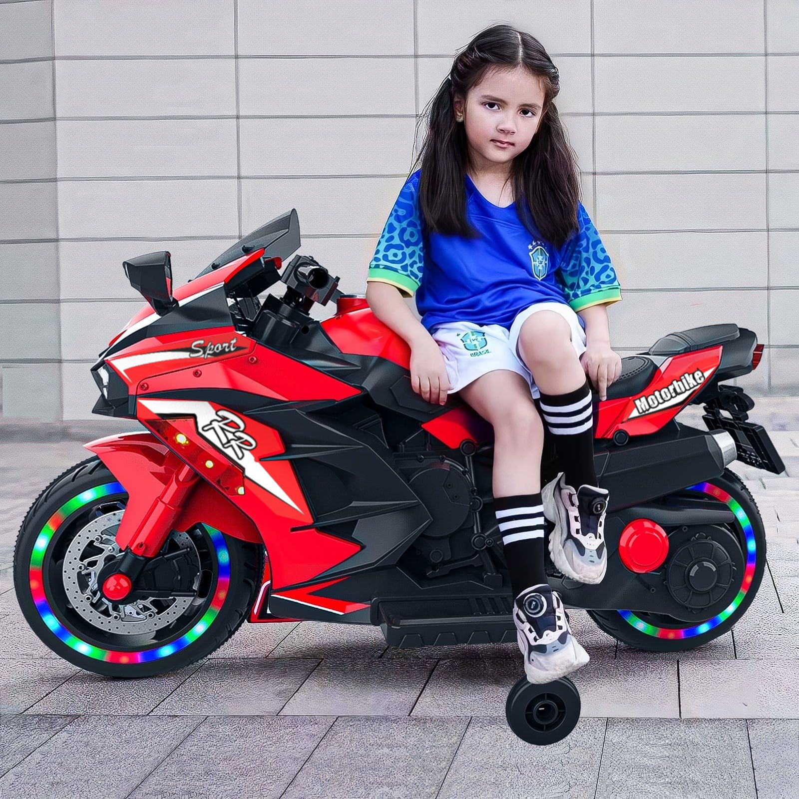 Kids Powered Ride-ons Toy, Kids Motorcycle for 3-6Years, 12V Electric Ride on Motorcycle with Light Wheel & Bluetooth Music-Red