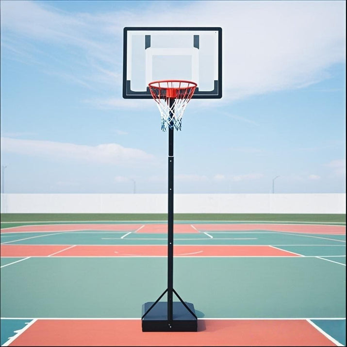 Basketball hoop on a court with a clear blue sky