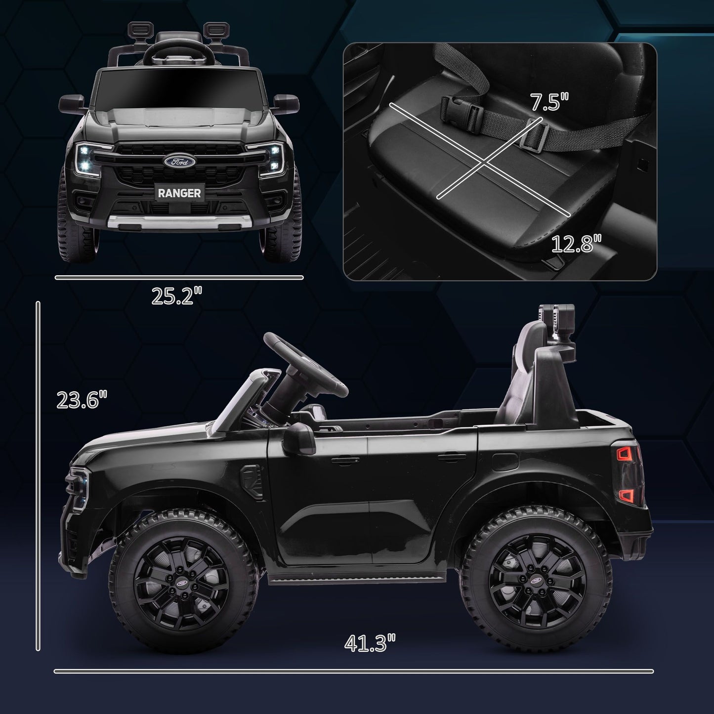 Black toy truck with measurements and details on a dark background