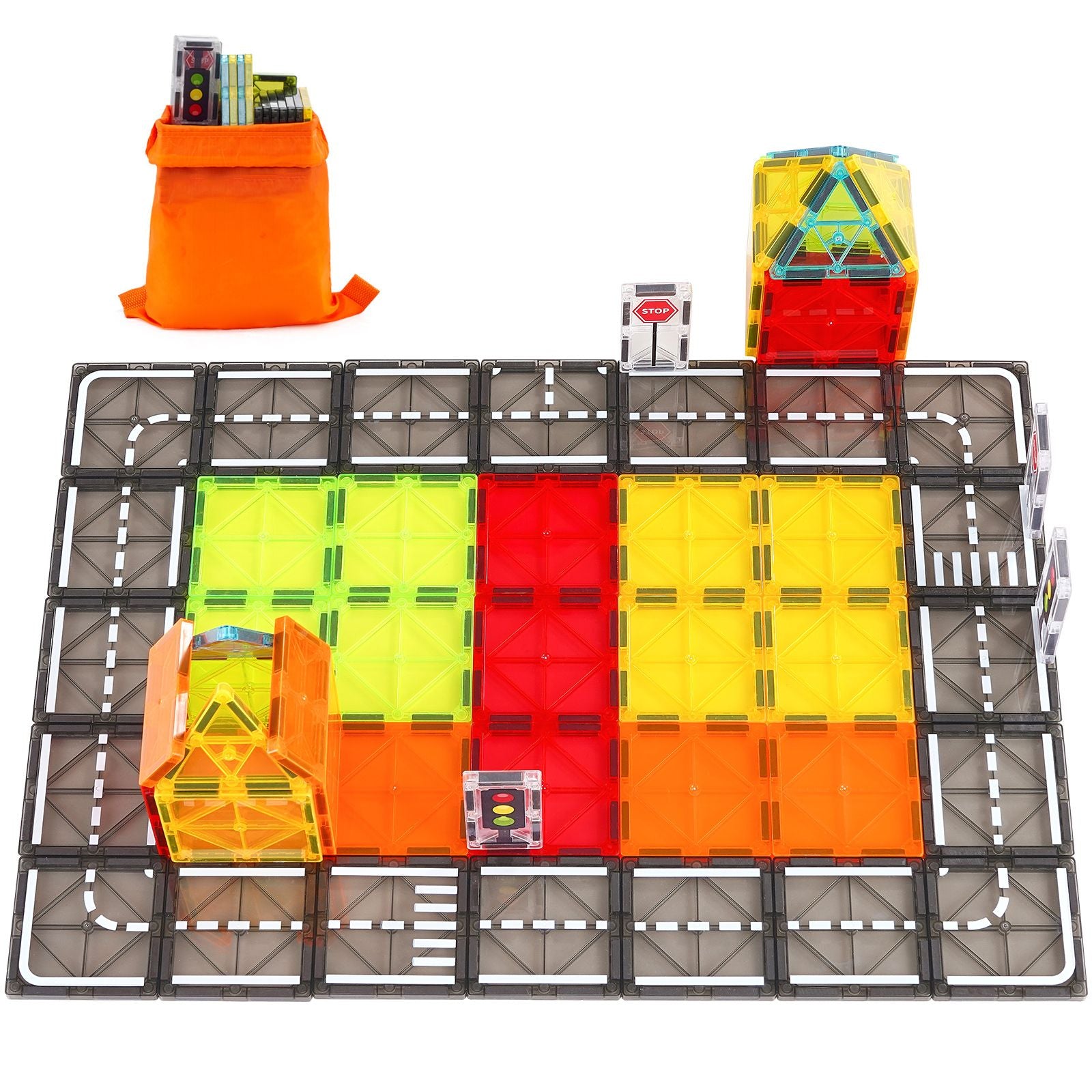 Magnetic Tiles Set – 56PCS STEM Educational City Building Toy with Storage Bag