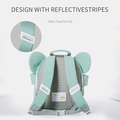 Children's backpack with reflective stripes and 'Sunveno' branding on a white background