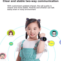 Child wearing a smartwatch with communication icons around, emphasizing clear and stable two-way communication.