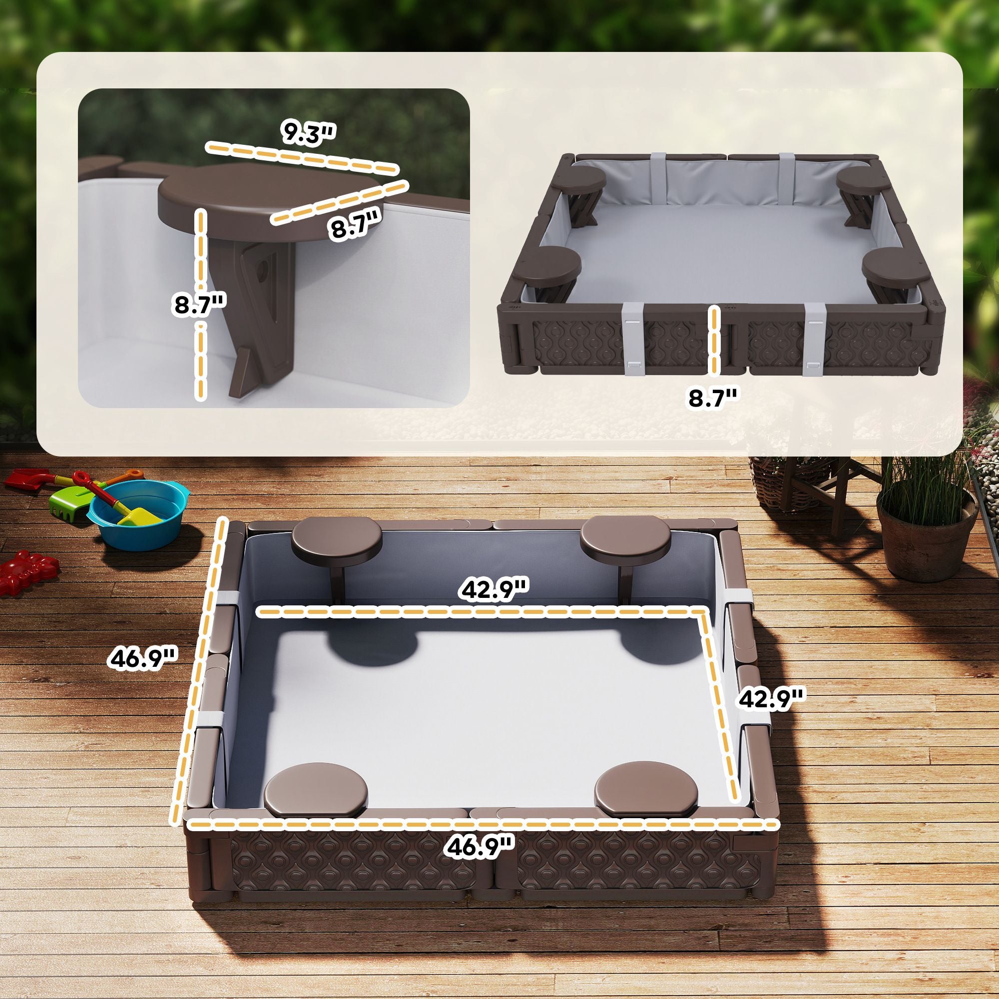 Kids Sandbox with Cover, 4 Corner Seats, Bottom Liner for Backyard, Garden, Outdoor, 47" x 47" x 9", Dark Brown