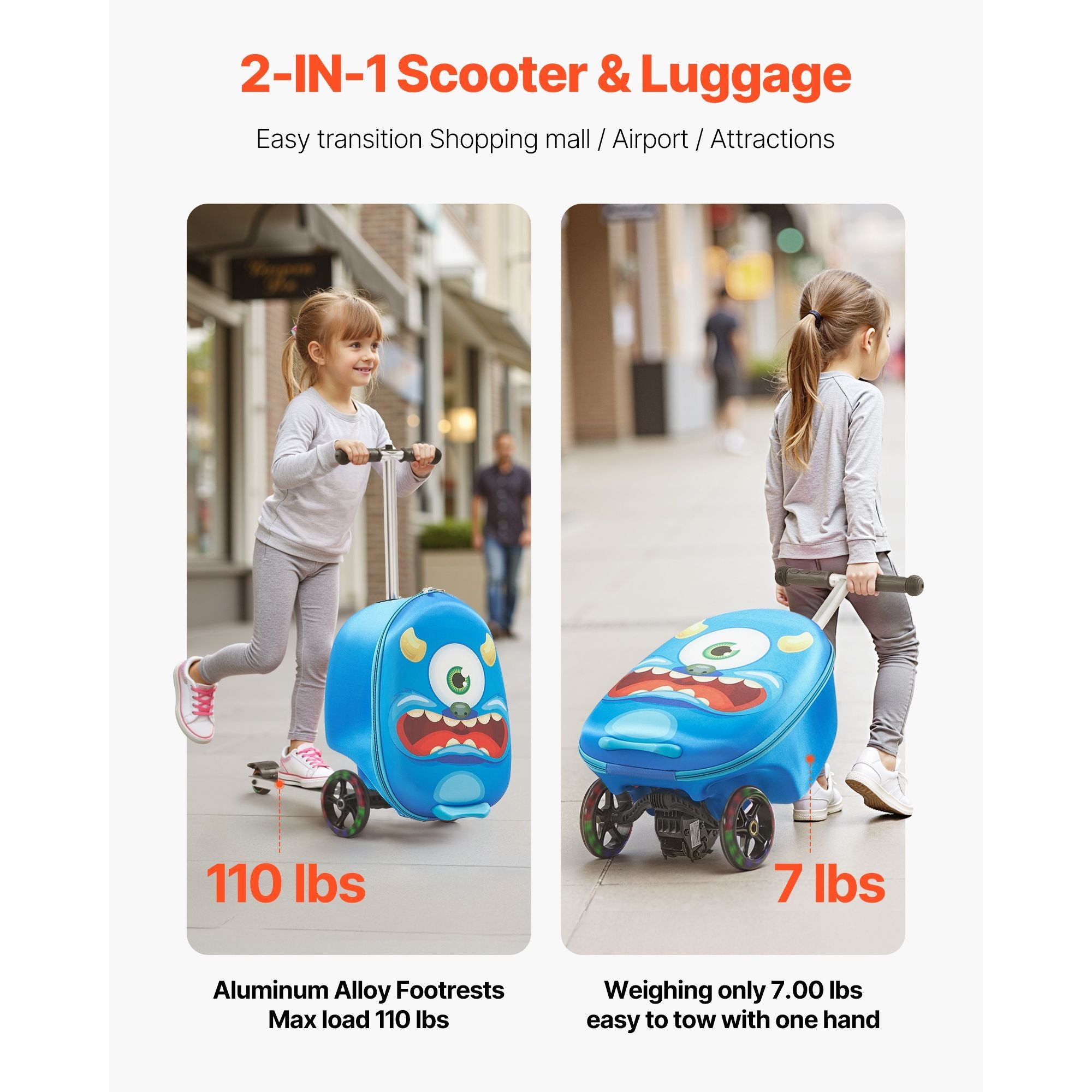 20 Inch Kids Scooter Suitcase with Non-Slip Grip - Lightweight Ride-On Luggage, 20L Capacity, Perfect for Travel with Flashy Wheels