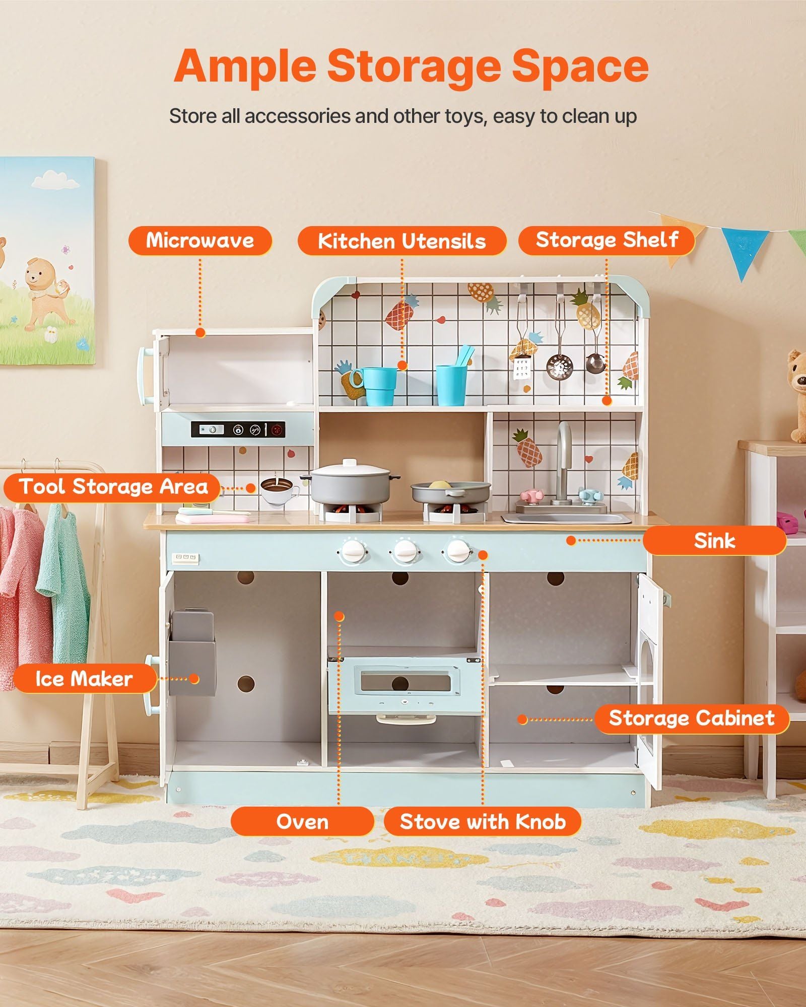 Toddler Wooden Kitchen Play Set - Complete Toy Kitchen with Ice Maker, Oven, and Fruity Accessories for Creative Play