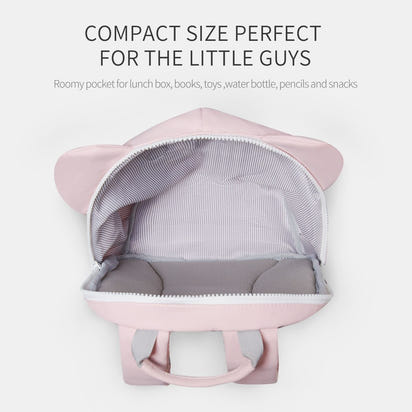 Pink backpack with open compartment on a white background