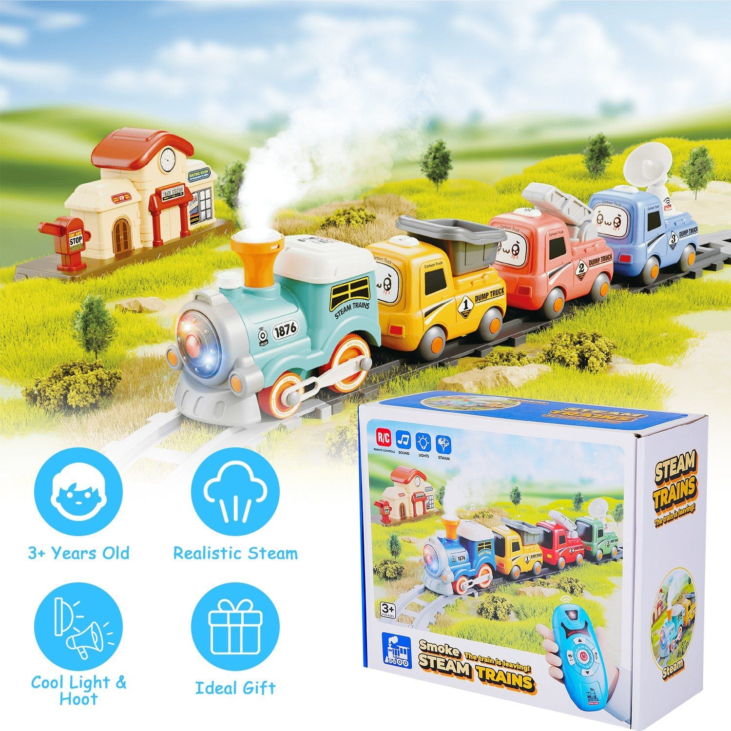 Electric Train Set Toy with Remote, Smoke, Lights & Tracks for Kids