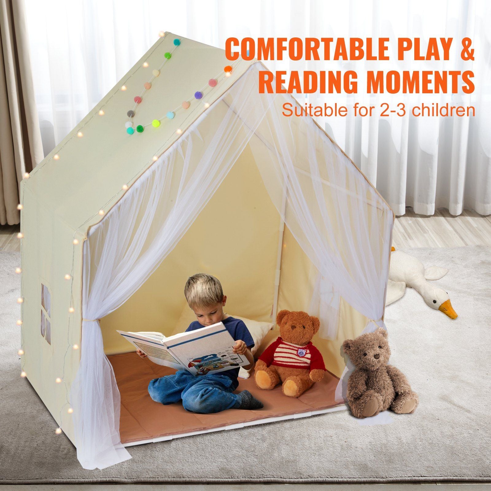 Toddler Play Tent with Integrated Mat and Lamp - Durable Indoor Outdoor Tent for Ages 1-5, Beige