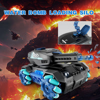 Toy tank with water bomb loading silo against a fiery background