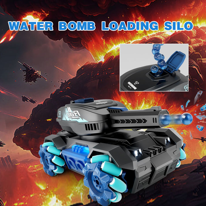 Toy tank with water bomb loading silo against a fiery background