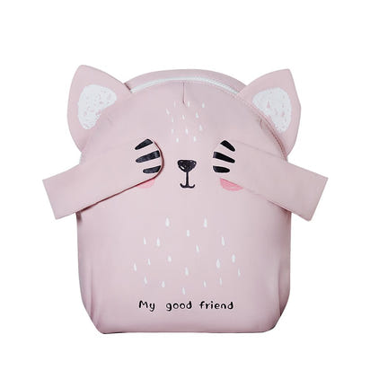 Pink cat-shaped cushion with 'My good friend' text on a white background