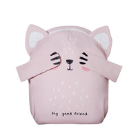 Pink cat-shaped cushion with 'My good friend' text on a white background