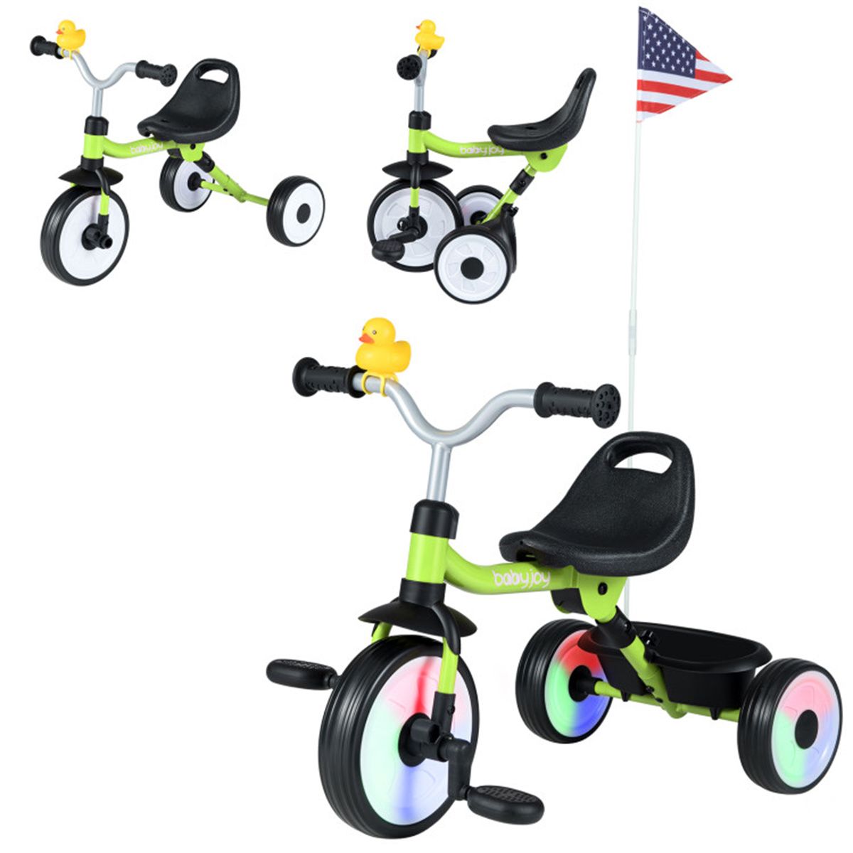 Toddler Tricycle with Rainbow LED Wheels, Foldable 3-in-1 Balance Bike with Carbon Steel Frame, Removable Pedals & Rear Storage Basket - Green