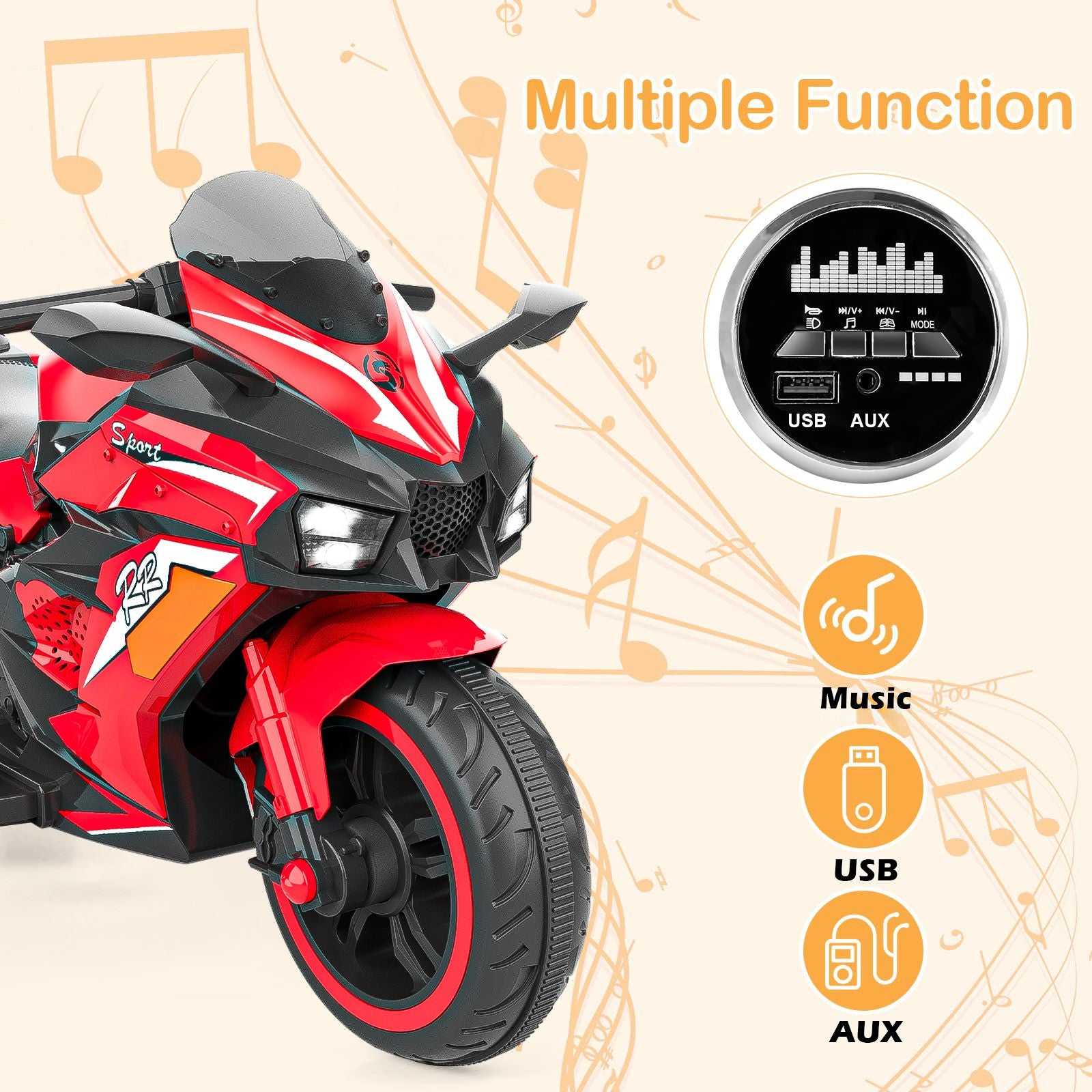 Kids Powered Ride-ons Toy, Kids Motorcycle for 3-6Years, 12V Electric Ride on Motorcycle with Light Wheel & Bluetooth Music-Red