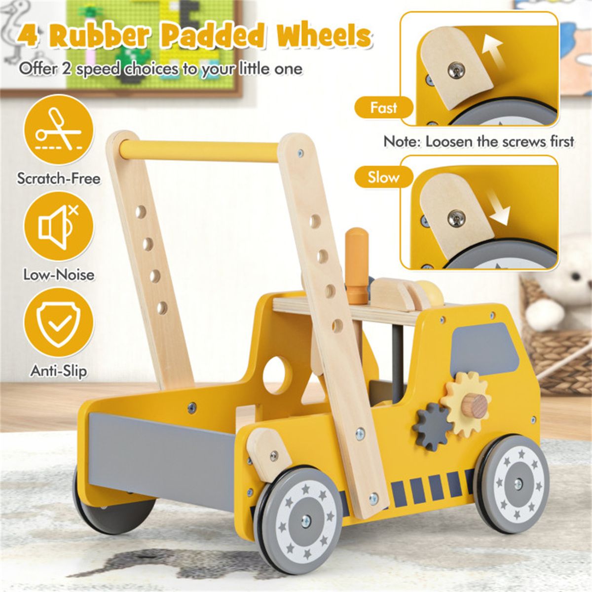 BuildNGo™ 2-in-1 Wooden Push Walker & Tool Bench – Shape Sorter, Rotating Gears & Storage for Kids 3+