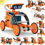 Orange solar robot kit showing wheeled model and alternative builds