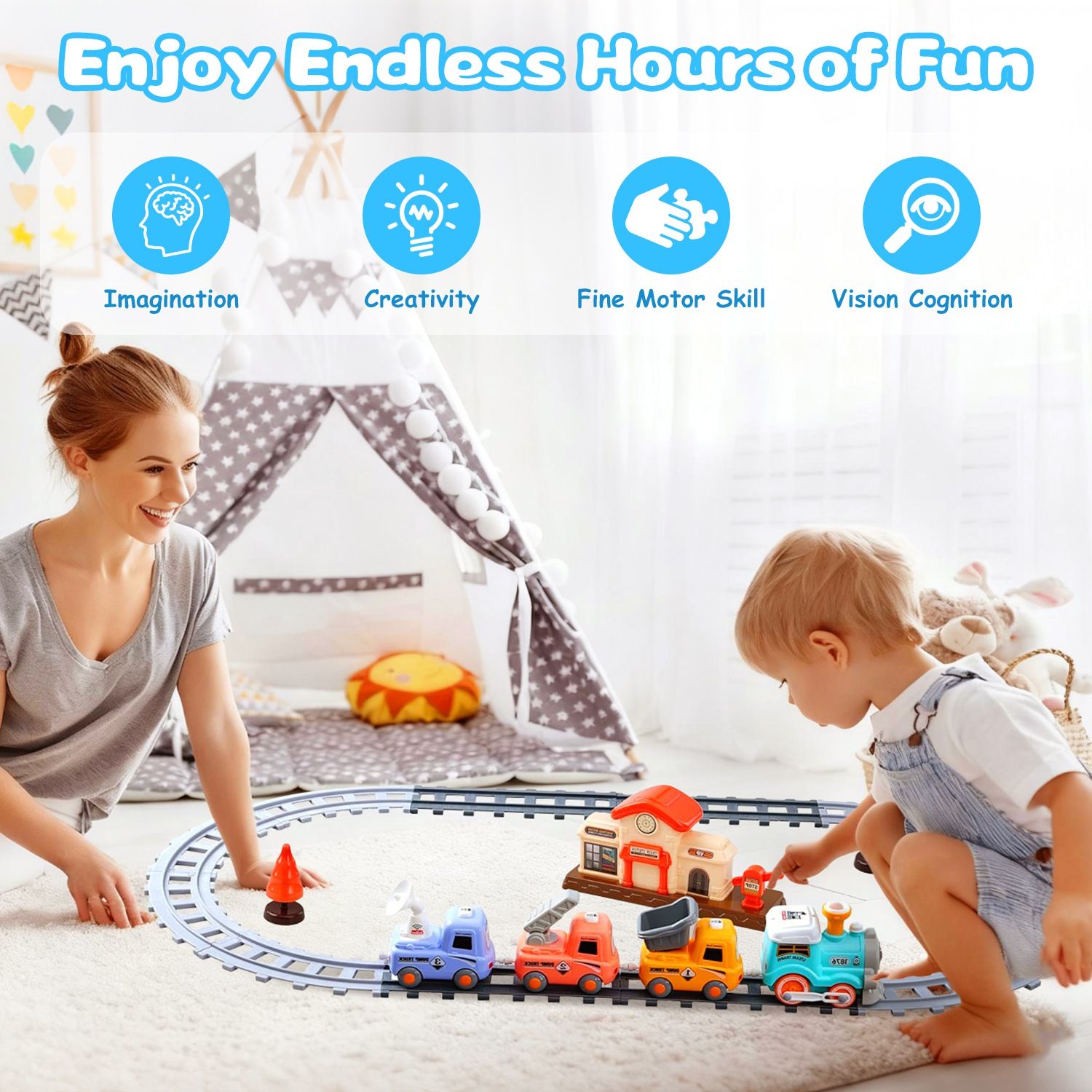 Electric Train Set Toy with Remote, Smoke, Lights & Tracks for Kids