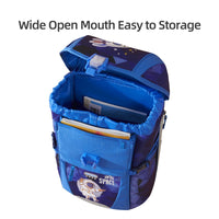 Blue backpack with open front pocket showing storage capacity on a white background