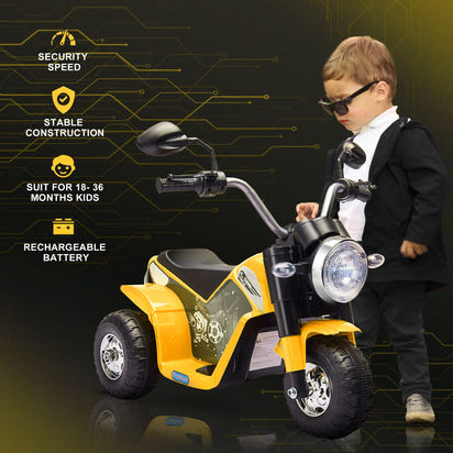 Child with a toy motorcycle on a dark background with text about product features.