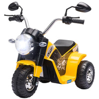 Yellow and black toy motorcycle with mirrors and a headlight on a white background