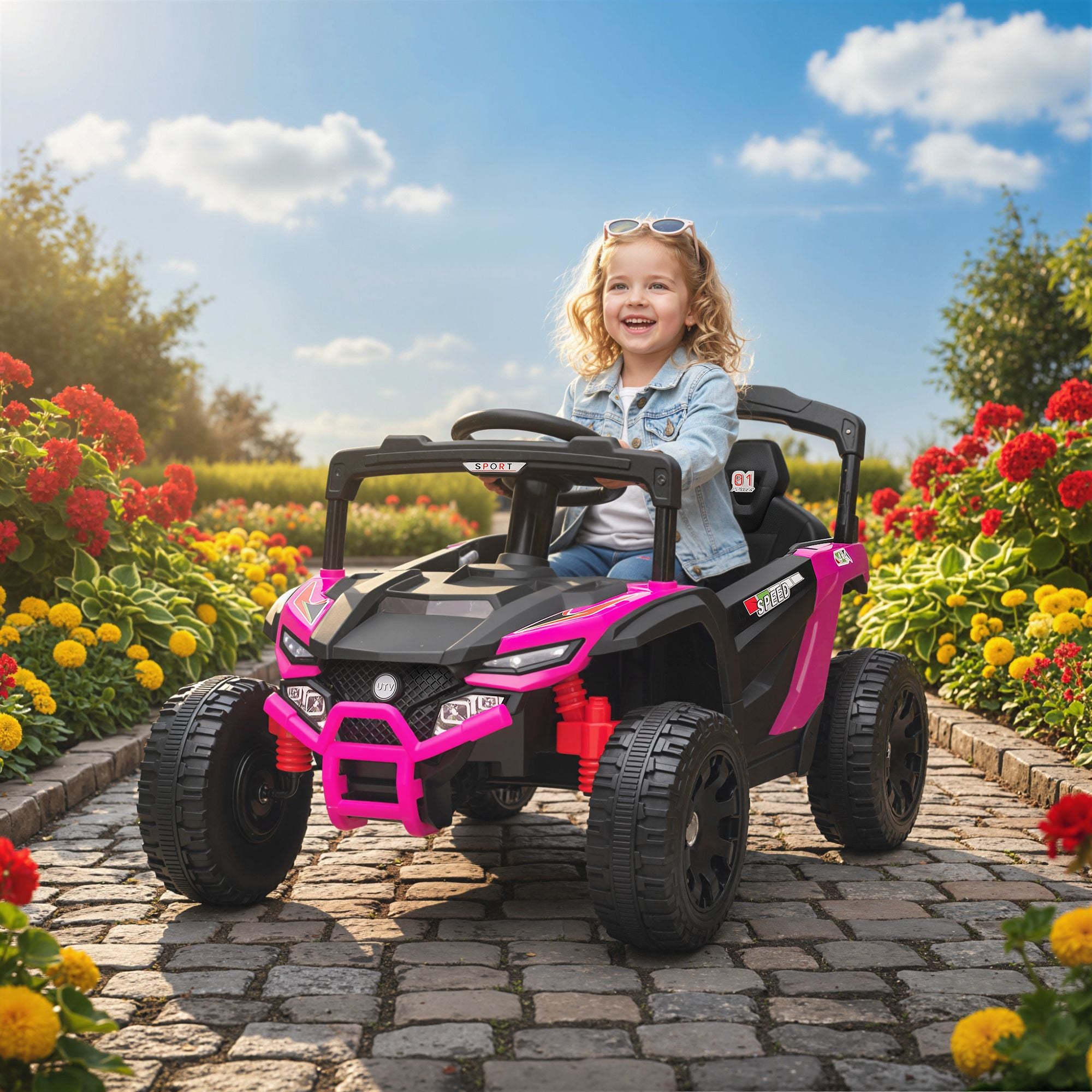 12V Kids Electric Ride-On UTV Truck with Parent Remote Control, LED Lights & Music – Pink