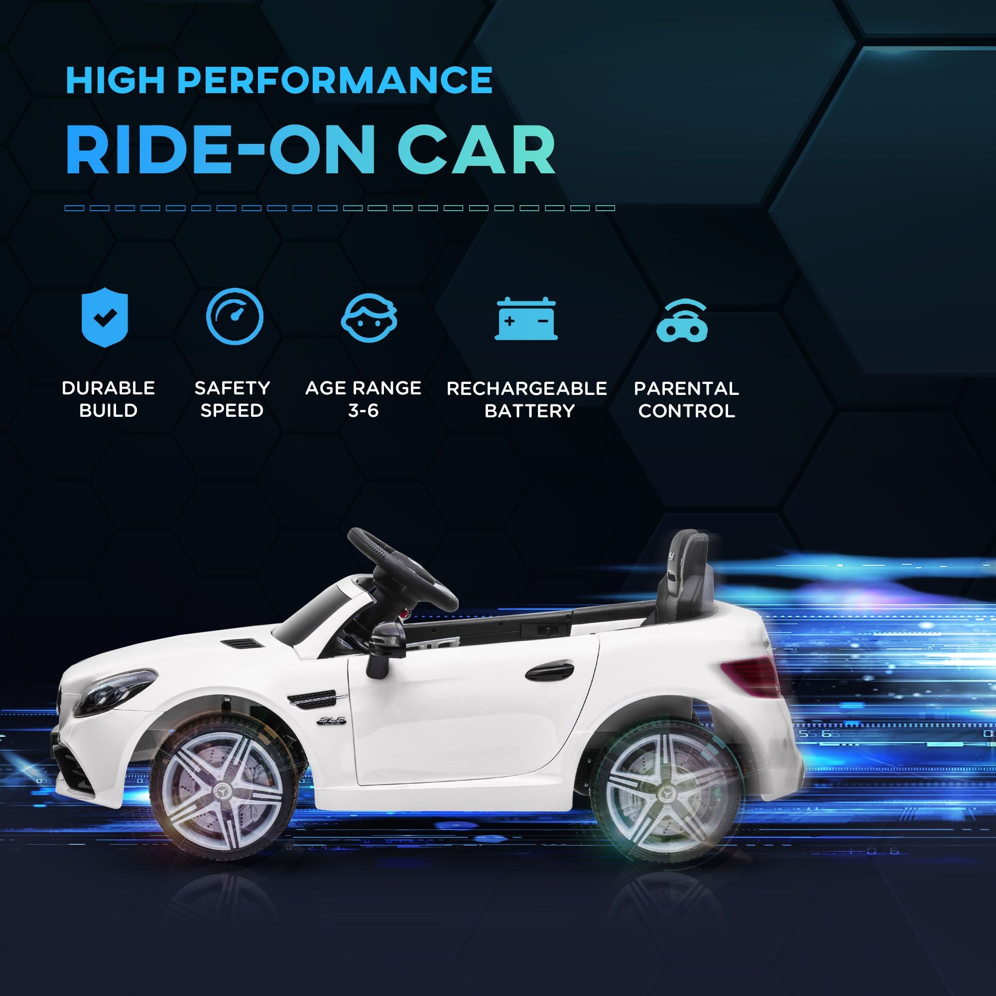 12V Ride-On for Boys & Girls, Remote Parent Control, Music, Lights, Dual Motors, White