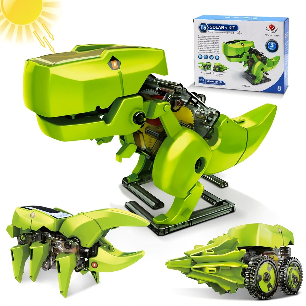 Green 3-in-1 solar robot kit showing dinosaur, insect and wheeled machine builds