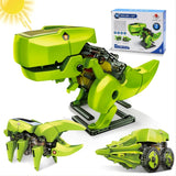 Green 3-in-1 solar robot kit showing dinosaur, insect and wheeled machine builds