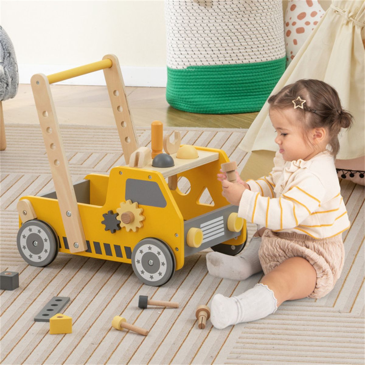 BuildNGo™ 2-in-1 Wooden Push Walker & Tool Bench – Shape Sorter, Rotating Gears & Storage for Kids 3+