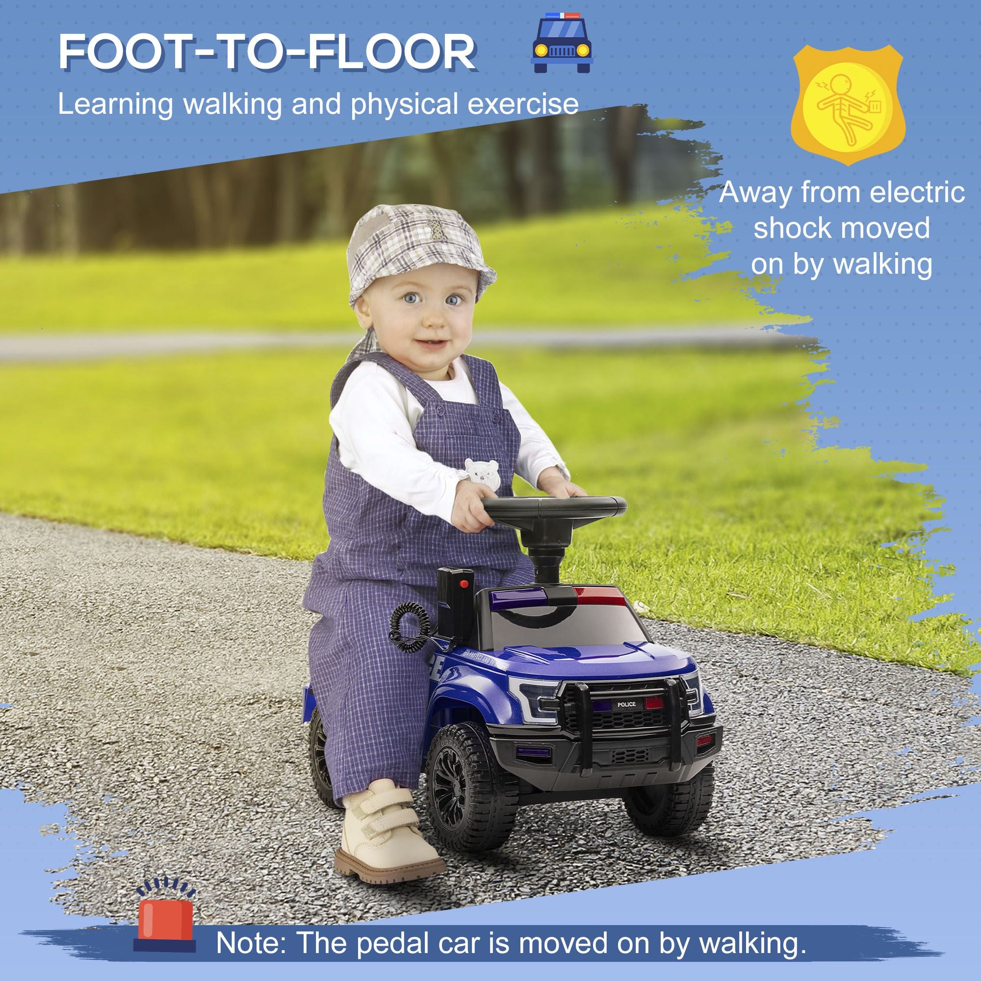 Kids Blue Ride-On Push Car with Megaphone, Sliding Toy with Under Seat Storage, Removable Backrest for Ages 2-5