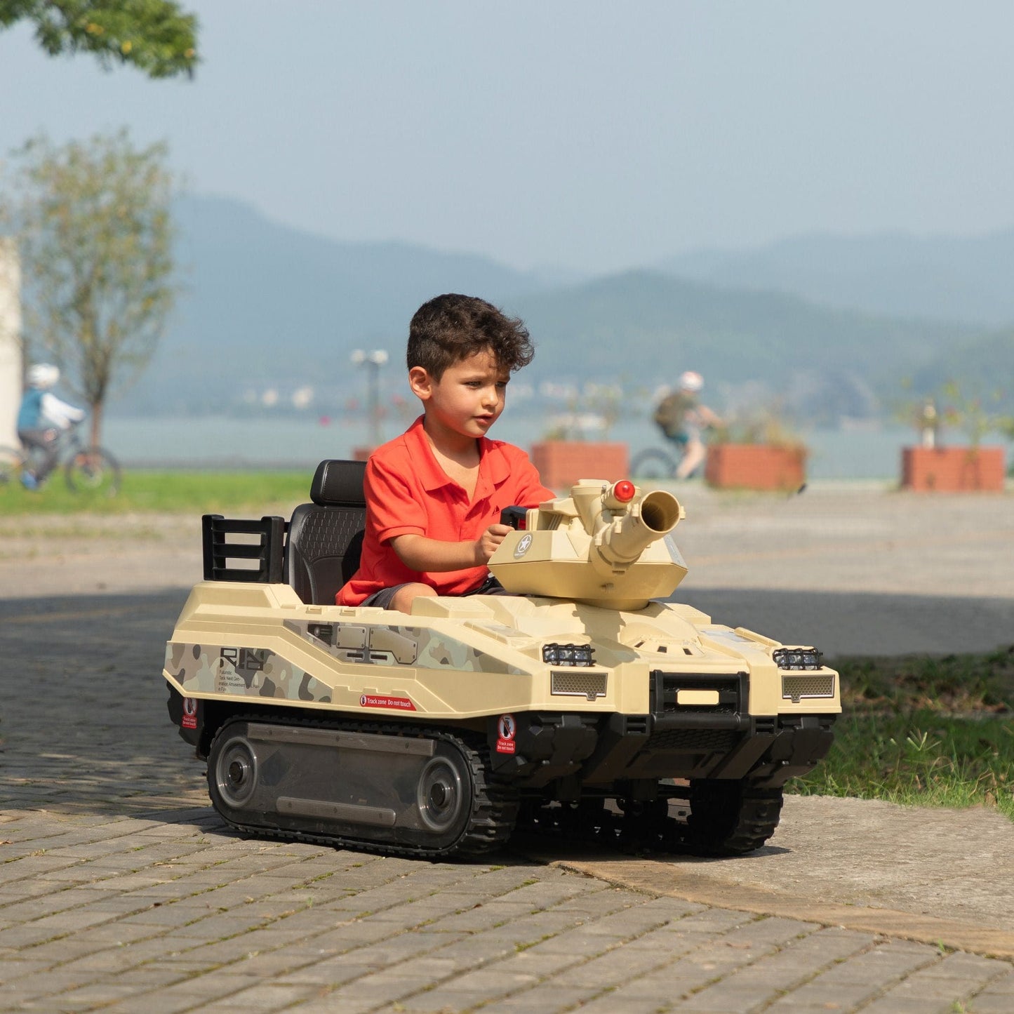 Ride On Tank 24V Thunder Tank Car with Fighting Cannon and Rotating Turret, Remote Control, Lights, Music, Military Battery Powered Truck Toy Gift for Boys Girls, 3-8 Years Old, Desert Yellow - The Little Big Store