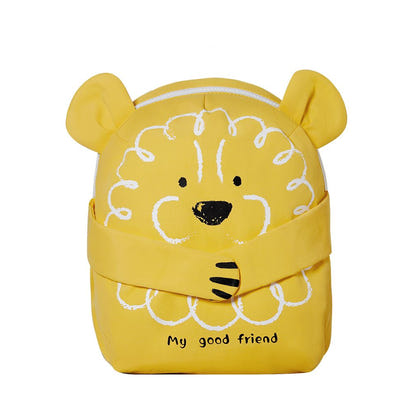 Yellow backpack with lion design and 'My good friend' text on a white background