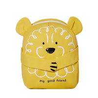 Yellow backpack with lion design and 'My good friend' text on a white background