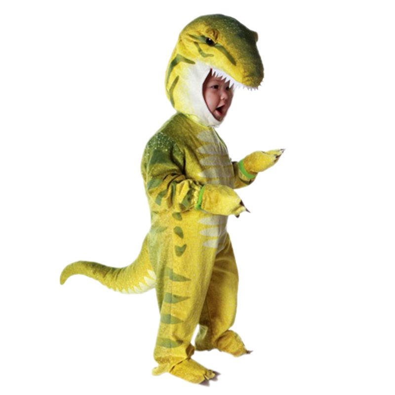 Child wearing a green dinosaur costume on a white background