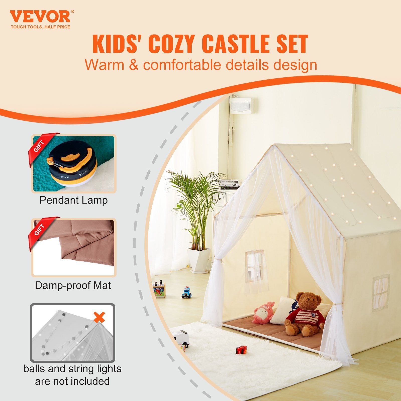 Toddler Play Tent with Integrated Mat and Lamp - Durable Indoor Outdoor Tent for Ages 1-5, Beige