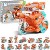 Orange solar robot kit with motorcycle build, alternative models and packaging marked ages 8+