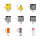Dimensions and quantities for the nine types of magnetic city pieces