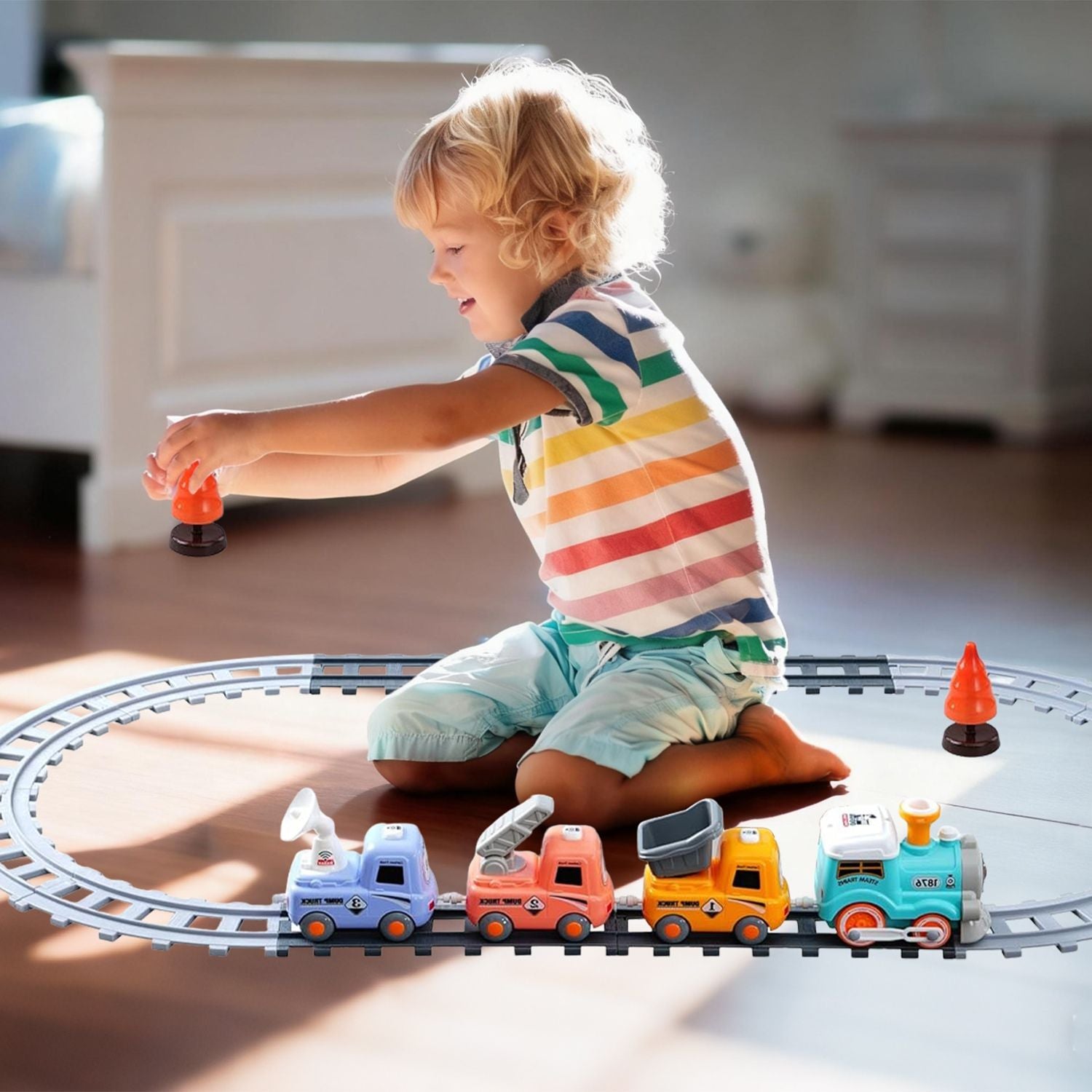 Electric Train Set Toy with Remote, Smoke, Lights & Tracks for Kids