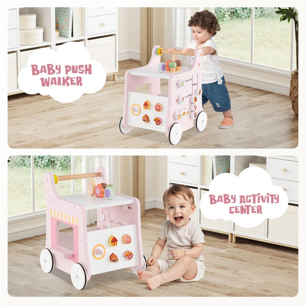 2-in-1 Baby Walker with 8 Fun Activities (Dessert Sorter/Adjustable Clock/Maze) + Side Shop Window (Role Play)-Pink