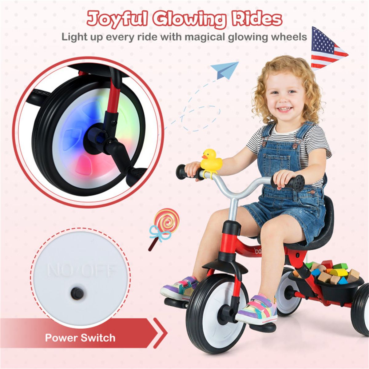 Toddler Tricycle with Rainbow LED Wheels, Foldable 3-in-1 Balance Bike with Carbon Steel Frame, Removable Pedals & Rear Storage Basket-Red