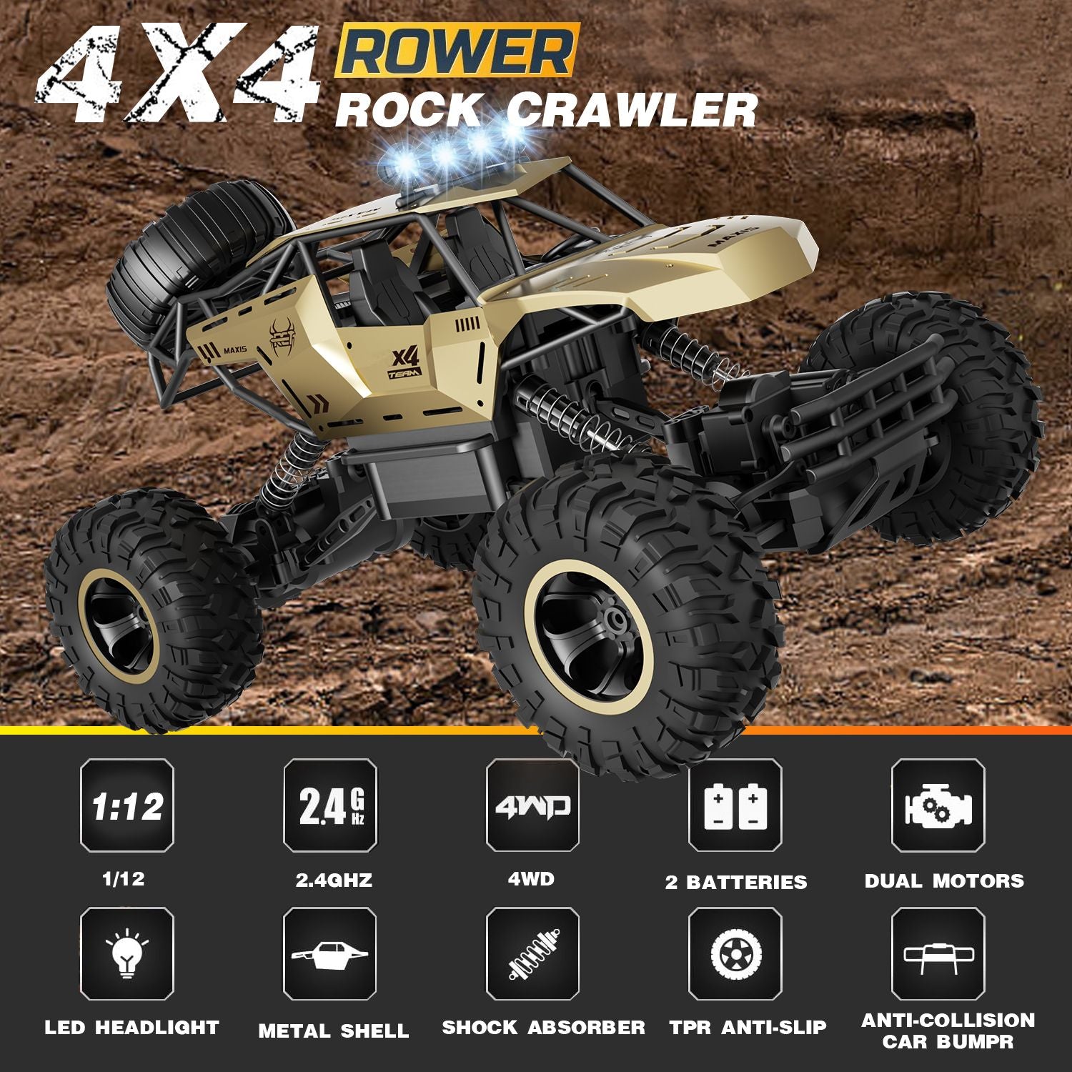 1:12 Scale 4WD RC Rock Crawler Off-Road Monster Truck with LED Lights