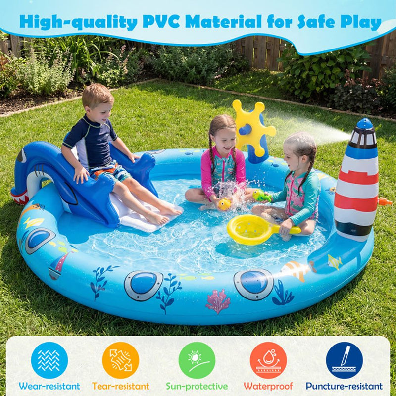 Inflatable Shark Water Play Center with Slide, Sprinkler & Fishing Game