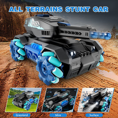 Toy stunt car with blue and black design on a dirt surface, featuring 'All Terrains Stunt Car' text.