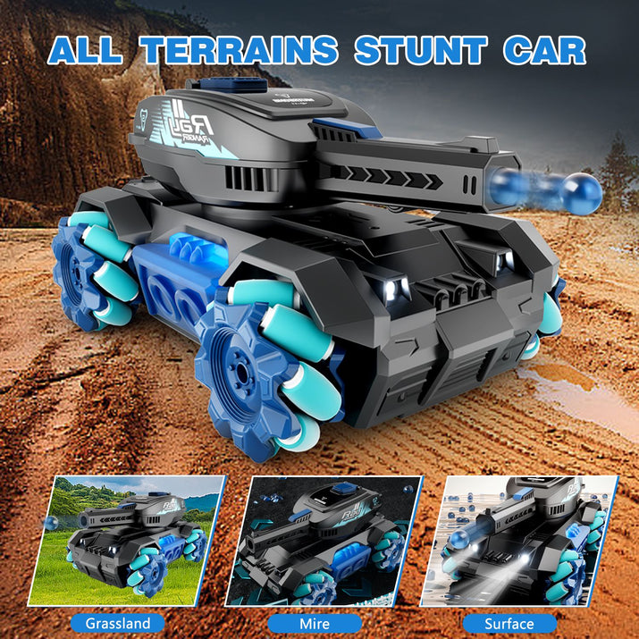 Toy stunt car with blue and black design on a dirt surface, featuring 'All Terrains Stunt Car' text.