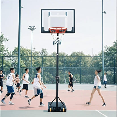 Basketball game in progress on an outdoor court with a adjustable hoop.