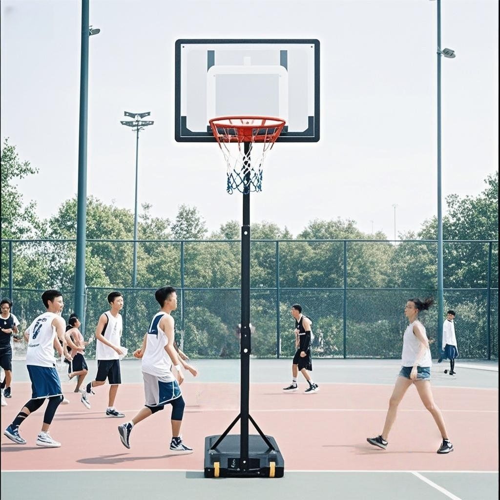 Basketball game in progress on an outdoor court with a adjustable hoop.